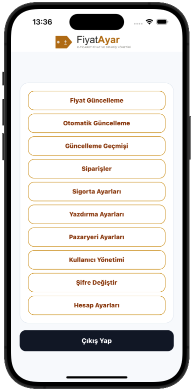 FiyatAyar mobil uygulaması: e-ticaret için kur bazlı fiyat güncelleme ve sipariş yönetimi menüsü